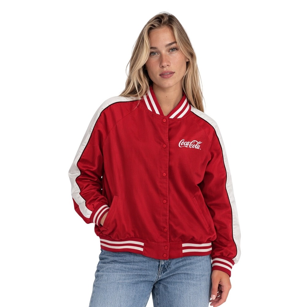 Forever 21 Red White Coca-Cola Classic Satin Varsity Jacket Women's Size 1X‎